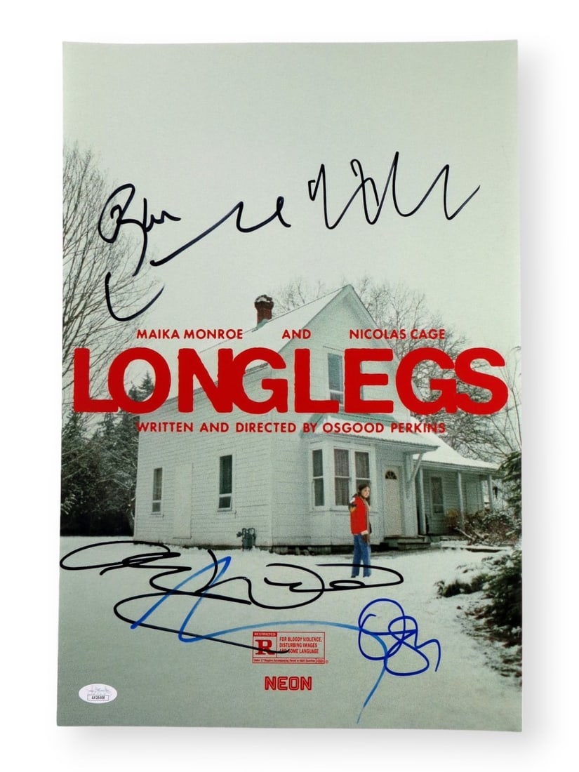 Longlegs Cast Autographed 12x18 Photo Nicolas Cage +4 JSA Certified: Longlegs Cast Autographed 12x18 Photo Nicolas Cage +4 JSA Certified Enhance your collection with this stunning 12x18 photograph featuring the cast of Longlegs, autographed by Blair Underwood, Alicia W