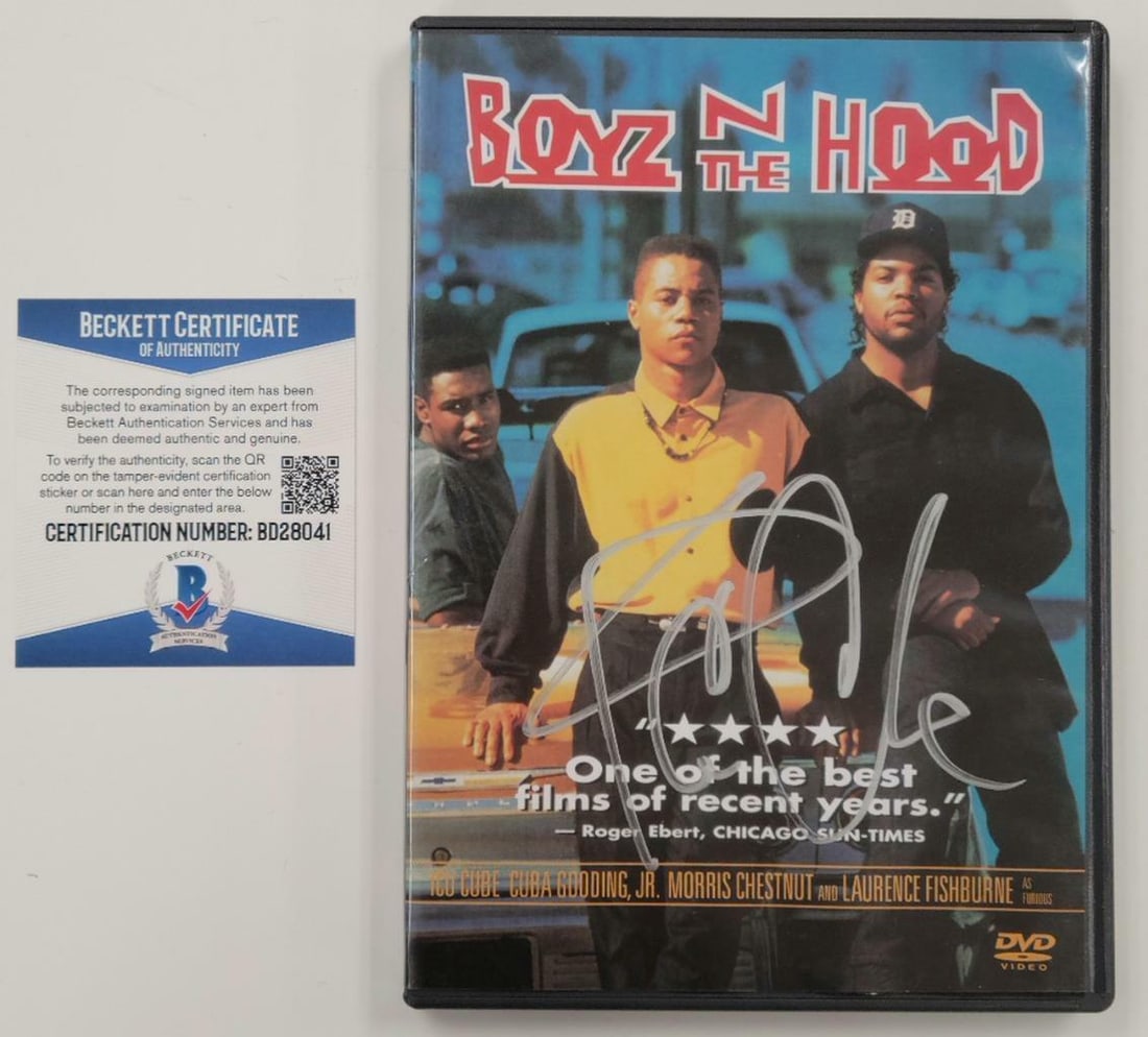 Ice Cube Autographed Boyz n the Hood DVD Cover Beckett COA: Ice Cube Autographed Boyz n the Hood DVD Cover Beckett COA This original DVD cover of 'Boyz n the Hood' features an autograph from Ice Cube, a significant figure in hip-hop and film. The item is authe