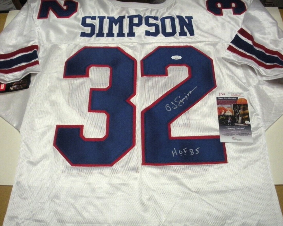 O.J. Simpson Buffalo Bills Signed Official Wilson Jersey HOF 85 JSA COA: O.J. Simpson Buffalo Bills Signed Official Wilson Jersey HOF 85 JSA COA This is an officially licensed Wilson jersey signed by O.J. Simpson, an iconic player known for his time with the Buffalo Bills.