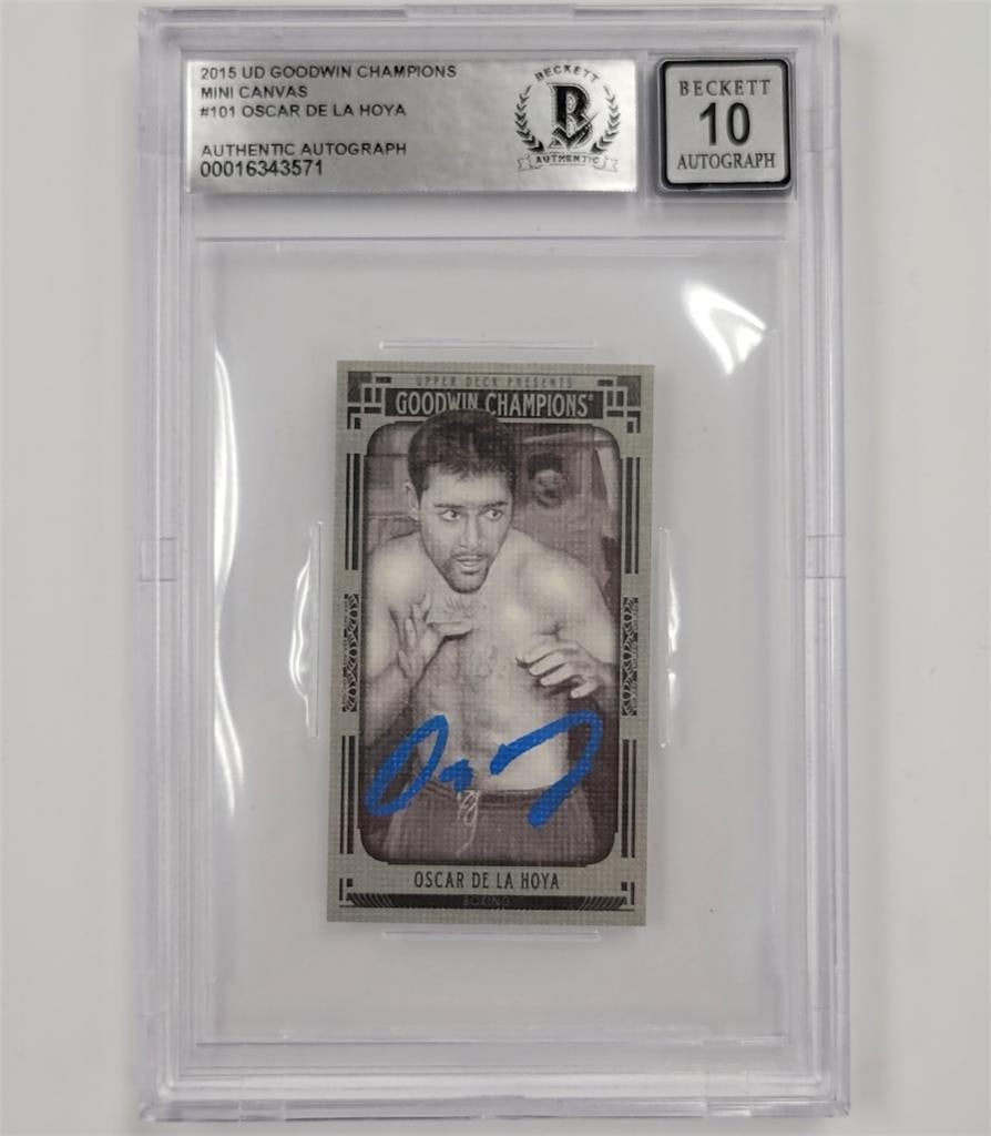 Oscar De La Hoya 2015 UD Goodwin Champions Signed Mini Card SP /99 BAS 10 Auto: Oscar De La Hoya 2015 UD Goodwin Champions Signed Mini Card SP /99 BAS 10 Auto This is a 2015 UD Goodwin Champions mini card featuring the legendary boxer Oscar De La Hoya. The card is graded 10 by Be