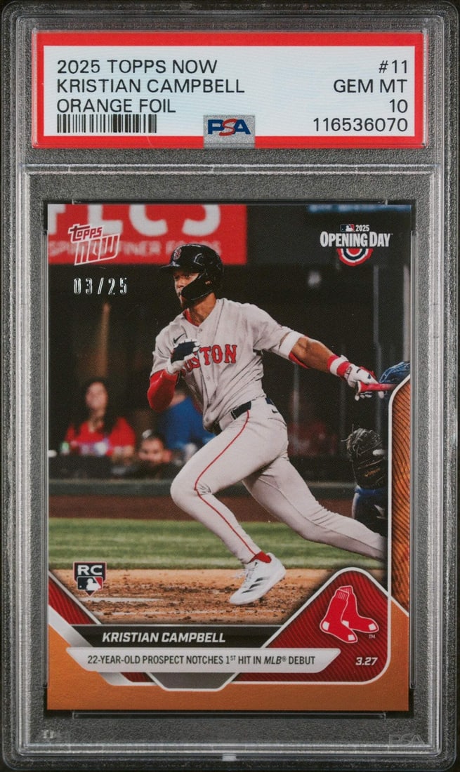2025 Topps Now Kristian Campbell #11 Orange /25 RC Baseball Card PSA 10: 2025 Topps Now Kristian Campbell #11 Orange /25 RC Baseball Card PSA 10 This is a graded 2025 Topps Now Kristian Campbell #11 Orange /25 rookie card, certified by Professional Sports Authenticator (PS