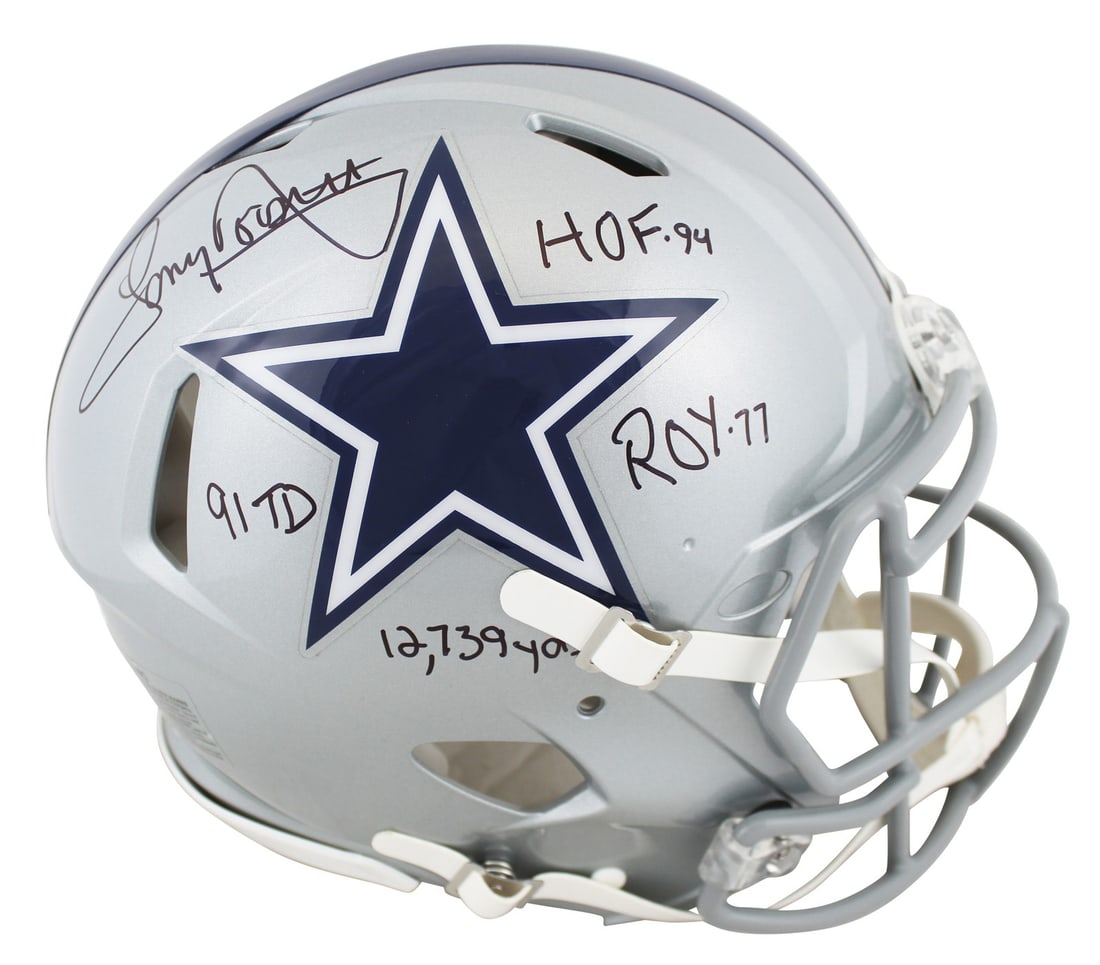 Tony Dorsett Signed Silver Full Size Speed Proline Helmet with HOF Inscription BAS: Tony Dorsett Signed Silver Full Size Speed Proline Helmet with HOF Inscription BAS This autographed silver full-size Speed Proline helmet is a remarkable collectible for any Dallas Cowboys fan. Person