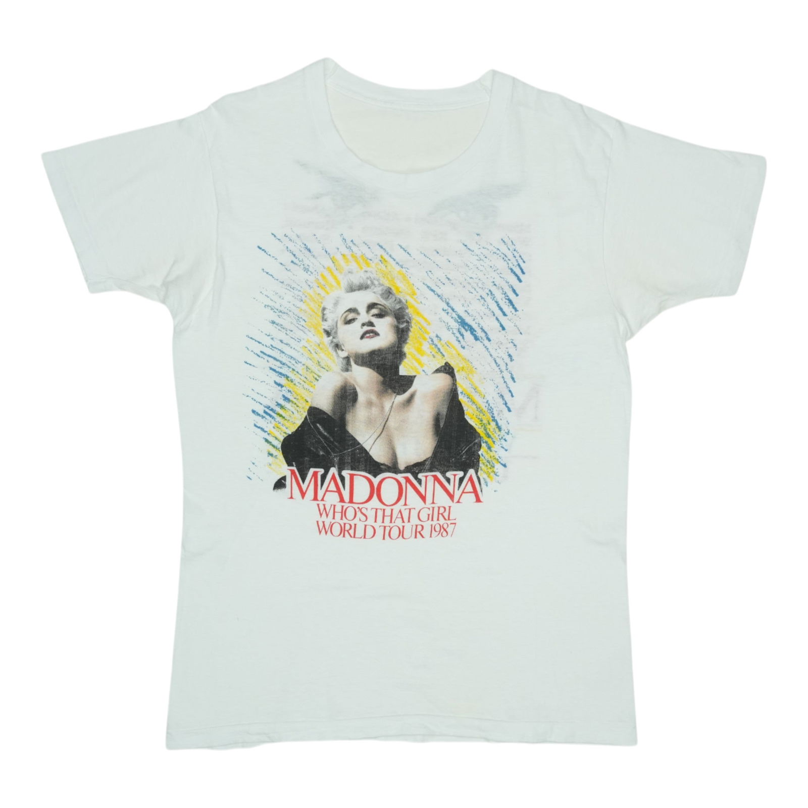 Vintage 1987 Madonna Tour T-Shirt Whos That Girl 100 Percent Cotton White: Vintage 1987 Madonna Tour T-Shirt Whos That Girl 100 Percent Cotton White This is an original vintage 1987 Madonna Who's That Girl Tour shirt featuring graphics on both the front and back. Crafted fro