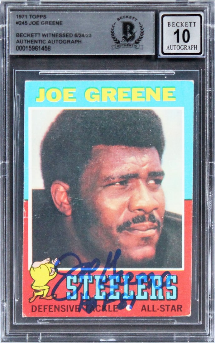 Joe Greene Signed 1971 Topps #245 RC Gem Mint 10 HOF 87 Beckett: Joe Greene Signed 1971 Topps #245 RC Gem Mint 10 HOF 87 Beckett This exceptional 1971 Topps #245 Rookie Card features Joe Greene, a legendary player from the Pittsburgh Steelers, and is signed with th