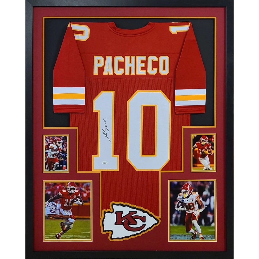 Isiah Pacheco Signed Framed Jersey with JSA COA Kansas City Chiefs: Isiah Pacheco Signed Framed Jersey with JSA COA Kansas City Chiefs Showcase your Kansas City Chiefs pride with this autographed Isiah Pacheco framed jersey. Certified by JSA, a leader in authenticatio