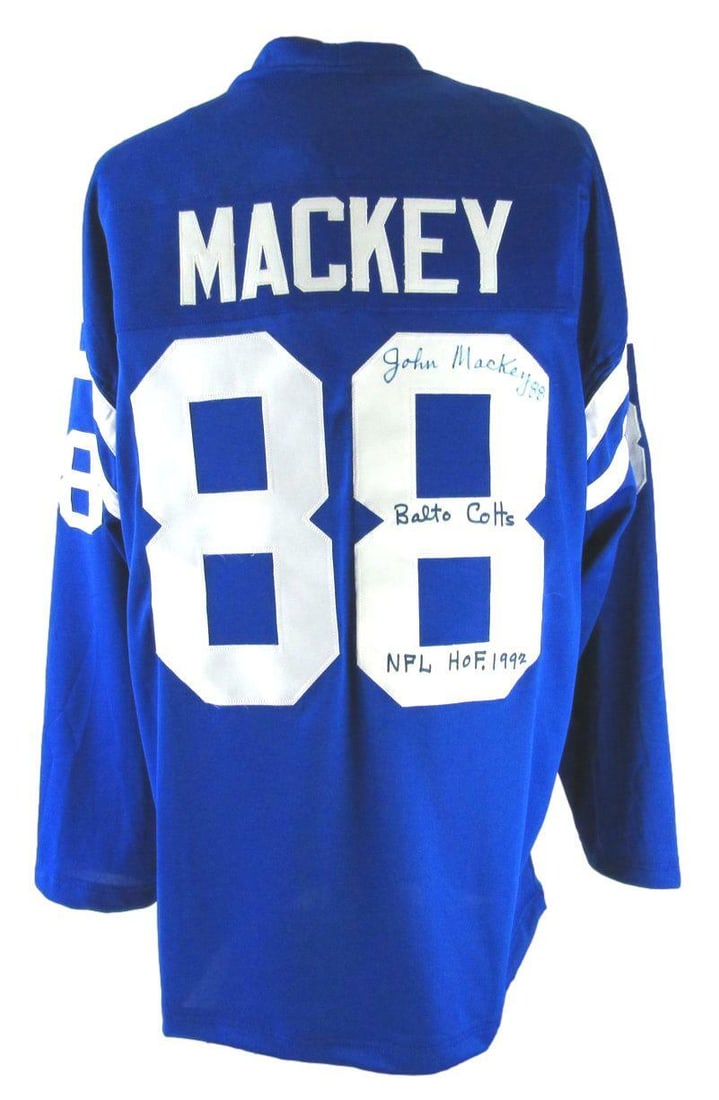 John Mackey Signed Baltimore Colts Blue Jersey JSA Authenticated: John Mackey Signed Baltimore Colts Blue Jersey JSA Authenticated Celebrate the legacy of football with this authentic John Mackey Hall of Fame signed and inscribed Baltimore Colts blue custom football