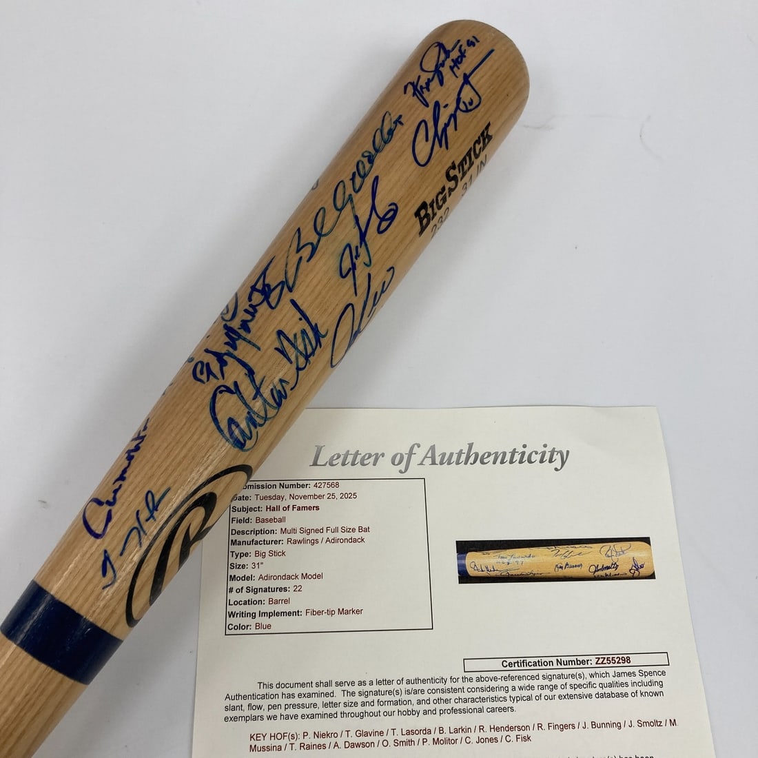 Multi Signed Hall Of Fame Baseball Bat 25 Autographs JSA COA: Multi Signed Hall Of Fame Baseball Bat 25 Autographs JSA COA This Hall Of Fame Multi Signed Baseball Bat features 25 signatures from legendary players, including Chipper Jones, Phil Niekro, Tom Glavin