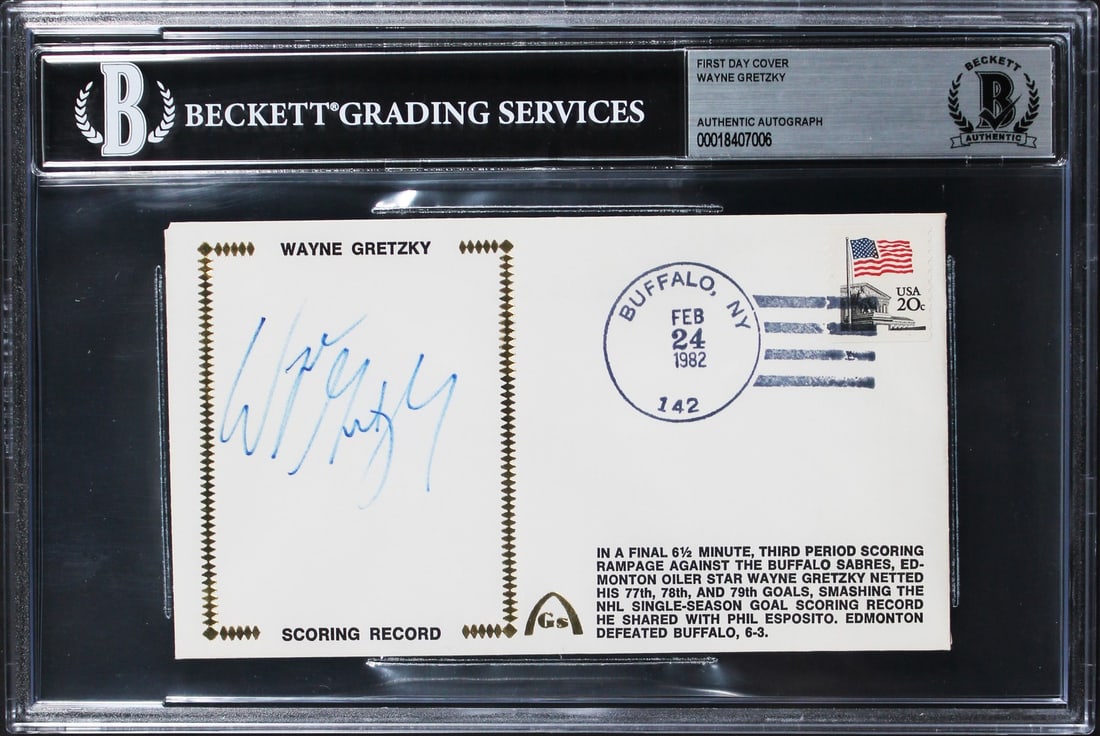 Wayne Gretzky Signed Edmonton Oilers 1982 First Day Cover BAS Slabbed: Wayne Gretzky Signed Edmonton Oilers 1982 First Day Cover BAS Slabbed This original 1982 First Day Cover envelope, measuring 3.75x6.5 inches, is personally signed by the legendary Wayne Gretzky, a pro