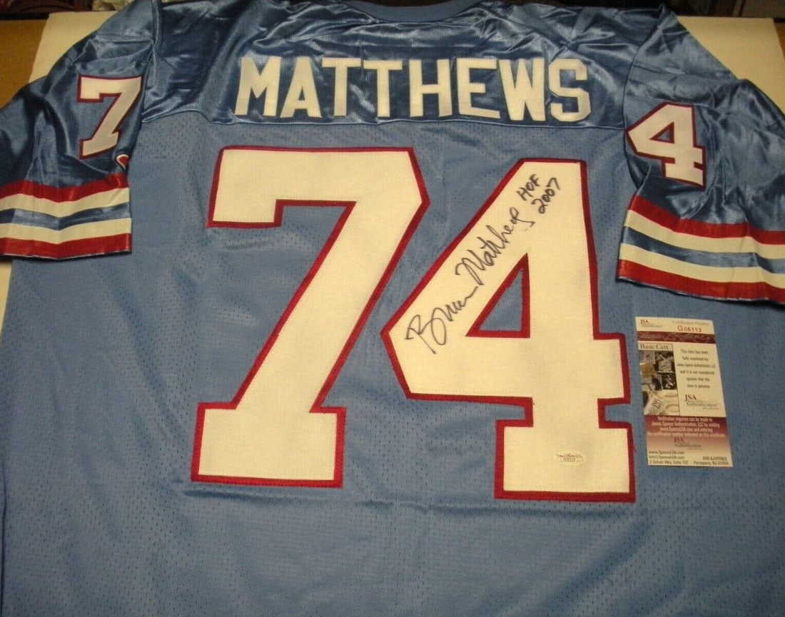 Bruce Matthews Signed Houston Oilers Champion Jersey JSA/COA: Bruce Matthews Signed Houston Oilers Champion Jersey JSA/COA This officially licensed Champion jersey, signed by James Lofton, is a must-have for any Houston Oilers fan. Celebrating the legacy of a le