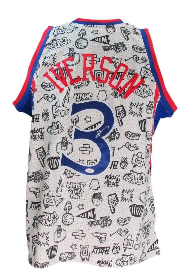Allen Iverson HOF Autographed Mitchell & Ness Jersey 76ers JSA Certified: Allen Iverson HOF Autographed Mitchell & Ness Jersey 76ers JSA Certified Celebrate the legacy of Allen Iverson with this authentic signed Philadelphia 76ers jersey. This white and black Mitchell & Nes