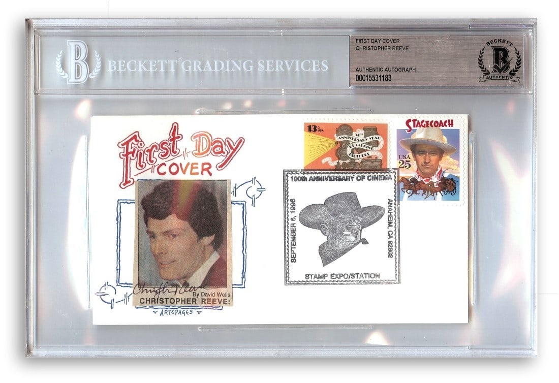 Christopher Reeve Signed First Day Cover Superman Beckett Authenticated 6 x 9: Christopher Reeve Signed First Day Cover Superman Beckett Authenticated 6 x 9 This is a Christopher Reeve signed autographed First Day Cover, featuring the iconic Superman. The item is authenticated b