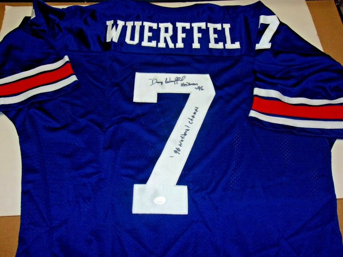 Danny Wuerffel Signed Florida Gators Russell Jersey with PSADNA COA: Danny Wuerffel Signed Florida Gators Russell Jersey with PSADNA COA This official licensed Russell jersey is signed by Danny Wuerffel, showcasing his connection to the Florida Gators football program.