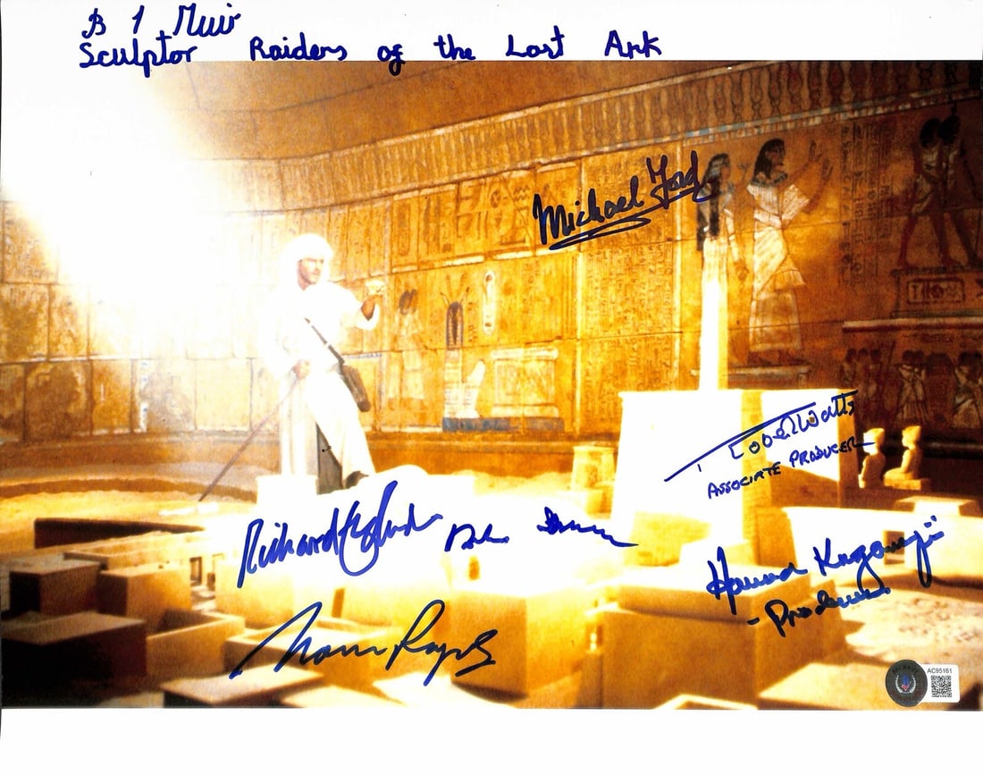 Raiders of the Lost Ark 11x14 Photo Signed by 7 Key Personnel Beckett LOA: Raiders of the Lost Ark 11x14 Photo Signed by 7 Key Personnel Beckett LOA This autographed 11x14 photograph from the iconic film "Raiders of the Lost Ark" features the signatures of seven key producti