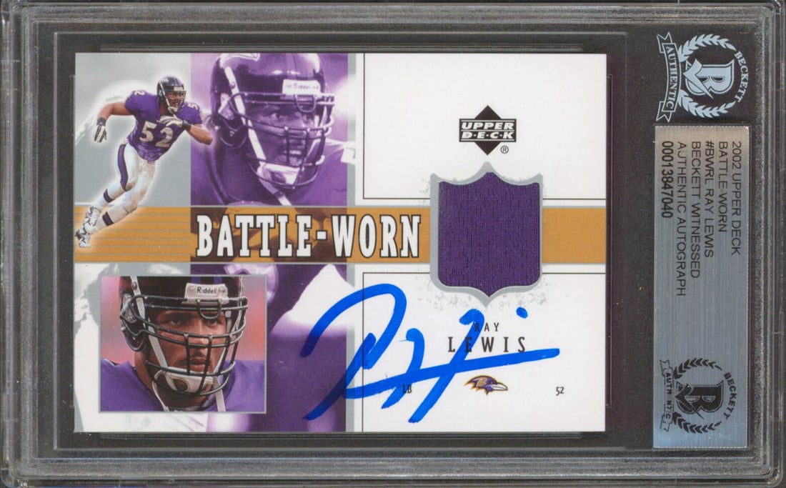 Ray Lewis Signed 2002 Upper Deck Battle Worn BWRL Card Beckett Authenticated: Ray Lewis Signed 2002 Upper Deck Battle Worn BWRL Card Beckett Authenticated This autographed 2002 Upper Deck Battle Worn #BWRL card features Ray Lewis, a legendary linebacker of the Baltimore Ravens.