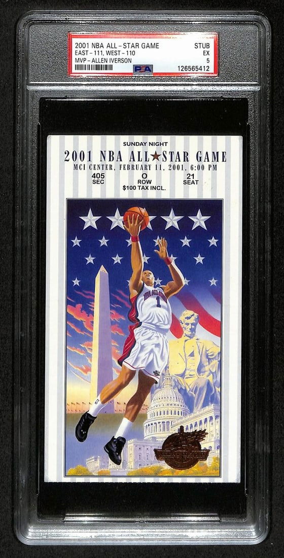 2001 NBA All-Star Ticket Stub Allen Iverson MVP PSA EX 5: 2001 NBA All-Star Ticket Stub Allen Iverson MVP PSA EX 5 Celebrate basketball history with this original ticket stub from the February 11, 2001 NBA All-Star Game, featuring Allen Iverson as the MVP. T