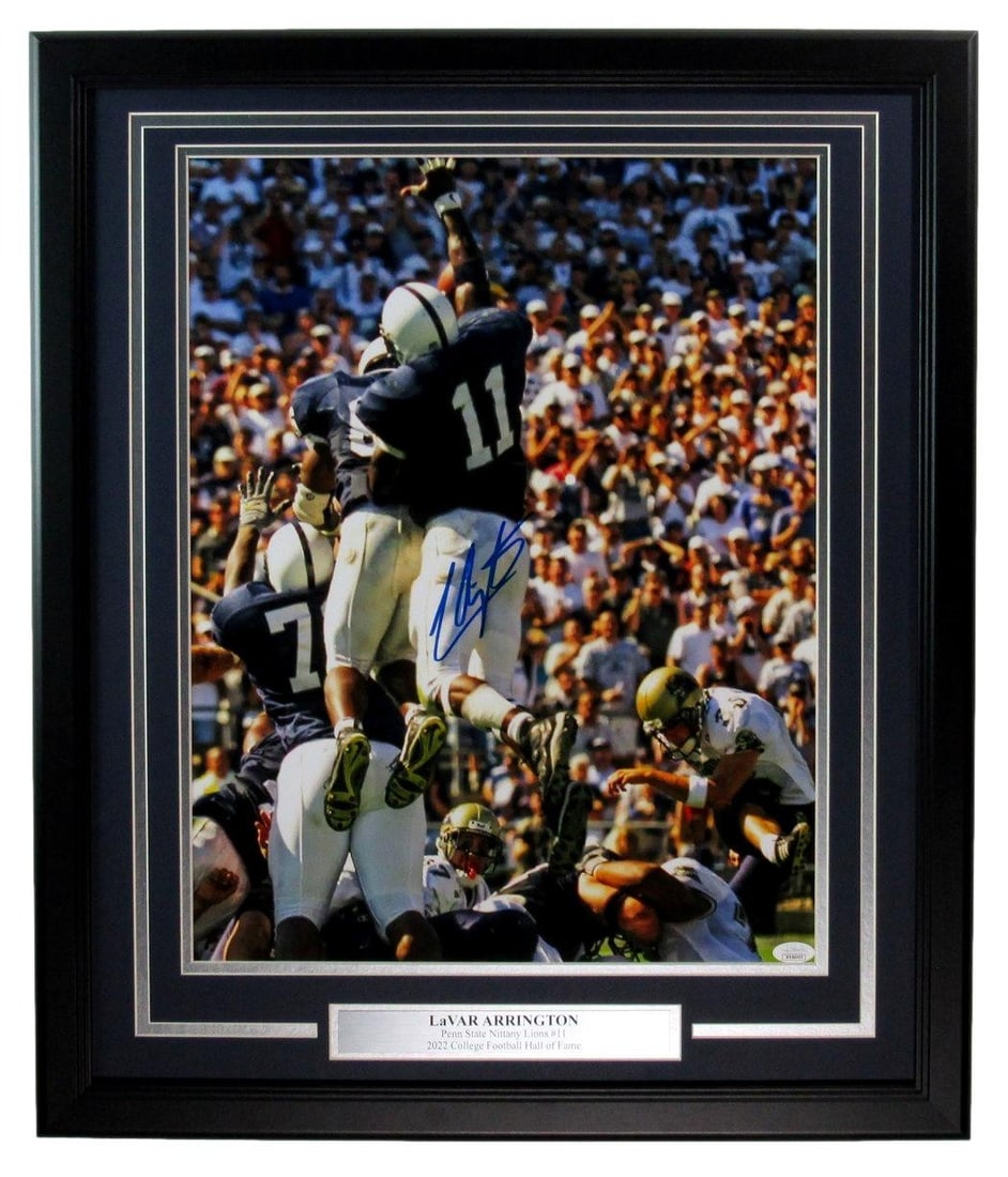 LaVar Arrington Autographed 16x20 Framed Photo JSA Certified Penn State: LaVar Arrington Autographed 16x20 Framed Photo JSA Certified Penn State This item features a signed 16x20 photo of LaVar Arrington, showcasing his time at Penn State. The photo is professionally frame