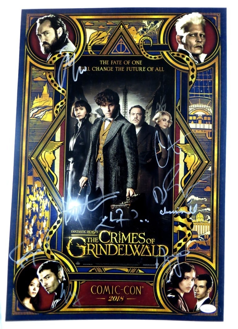 Crimes of Grindelwald Autographed Poster 13X20 9 Signatures JSA Authenticated: Crimes of Grindelwald Autographed Poster 13X20 9 Signatures JSA Authenticated This original poster from the film "Crimes of Grindelwald" showcases the autographs of prominent cast members, including E