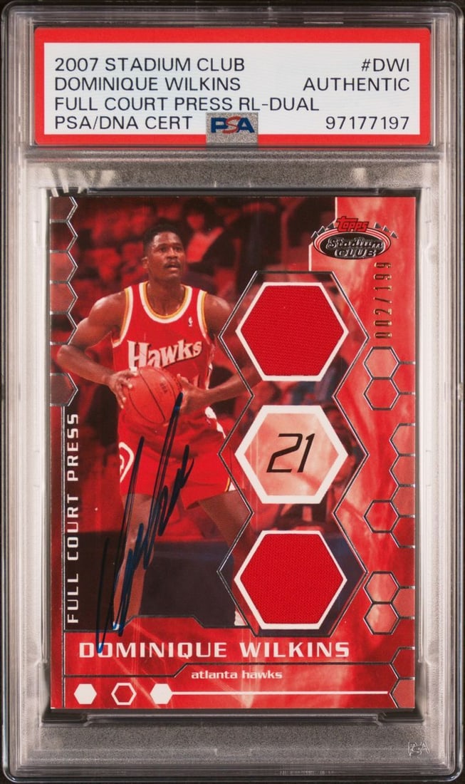 2007 Topps Stadium Club Dominique Wilkins Autographed Relics #DWI 002/199 PSA/DNA: 2007 Topps Stadium Club Dominique Wilkins Autographed Relics #DWI 002/199 PSA/DNA This 2007 Topps Stadium Club Full Court Press Relics card features a signed autograph of the legendary Dominique Wilki