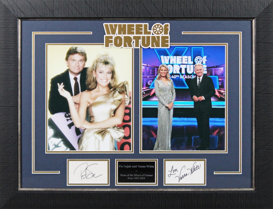 Vanna White Pat Sajak Signed Wheel of Fortune Framed Display BAS AD04979: Vanna White Pat Sajak Signed Wheel of Fortune Framed Display BAS AD04979 This impressive framed display features a signed 3x5 index card personally autographed by Vanna White and Pat Sajak, the iconic