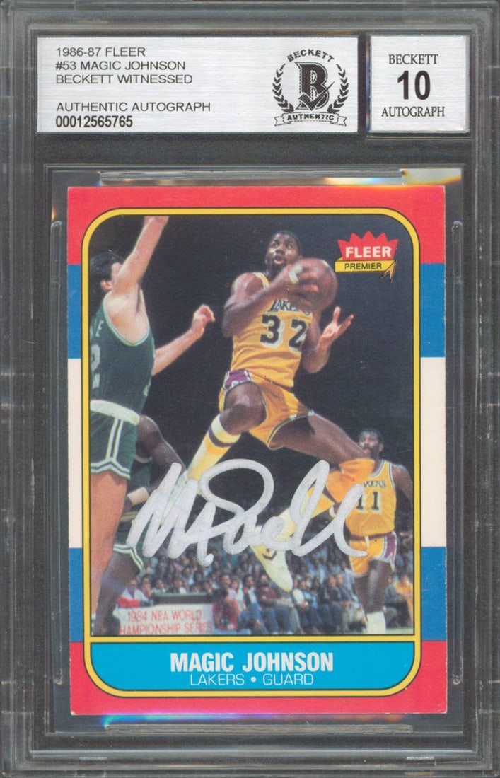 Magic Johnson Signed 1986 Fleer #53 Card Graded Gem Mint 10 Beckett: Magic Johnson Signed 1986 Fleer #53 Card Graded Gem Mint 10 Beckett This 1986 Fleer #53 card features a stunning autograph from basketball legend Magic Johnson, who played for the Los Angeles Lakers.