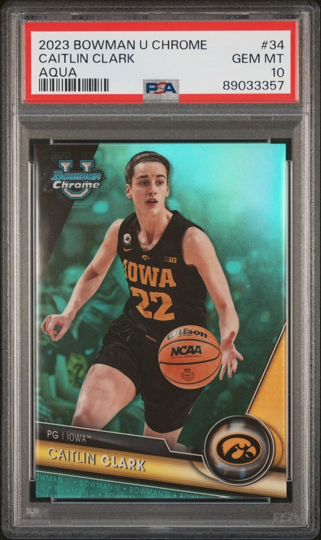 2023 Bowman U Chrome Caitlin Clark #34 Aqua #/299 PSA 10 Basketball Card: 2023 Bowman U Chrome Caitlin Clark #34 Aqua #/299 PSA 10 Basketball Card This is a graded 2023 Bowman U Chrome Caitlin Clark #34 Aqua basketball card, limited to only 299 copies. The card has received