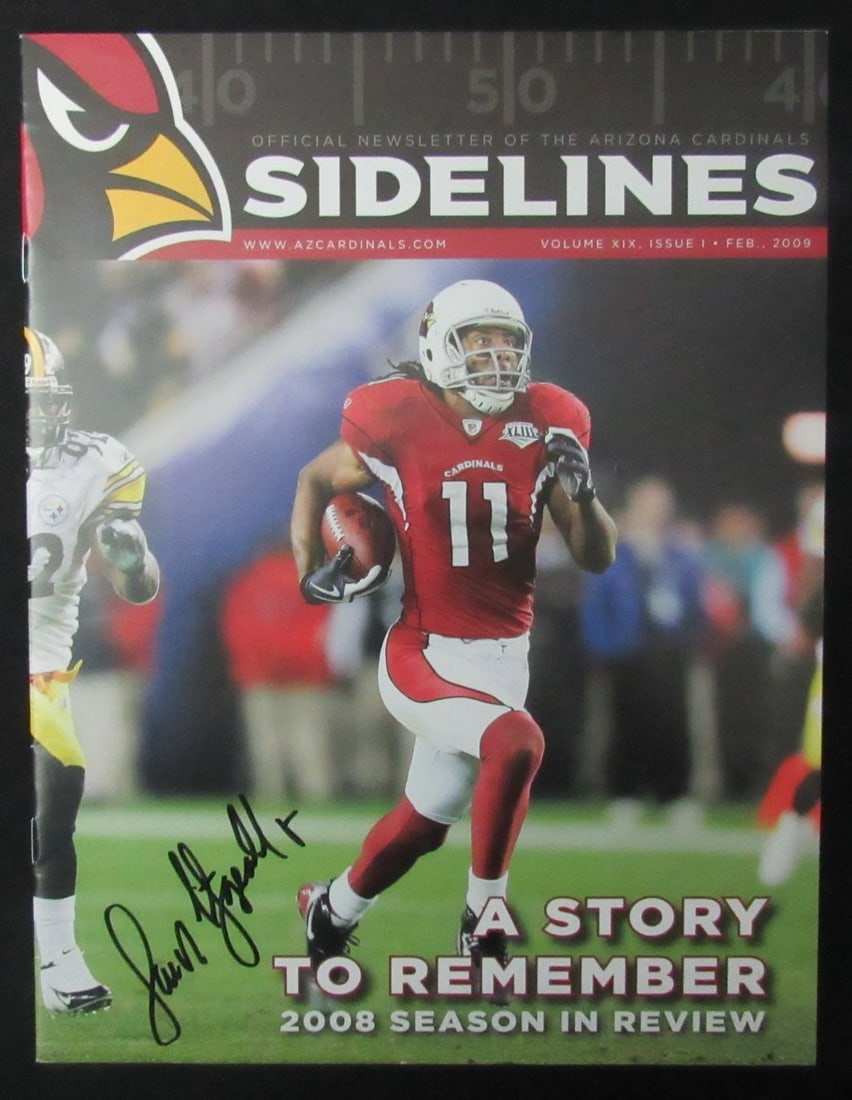 Larry Fitzgerald Signed 2009 Arizona Cardinals Newsletter JSA Authenticated: Larry Fitzgerald Signed 2009 Arizona Cardinals Newsletter JSA Authenticated This item features an original February 2009 Sidelines Newsletter from the Arizona Cardinals, personally signed by NFL star
