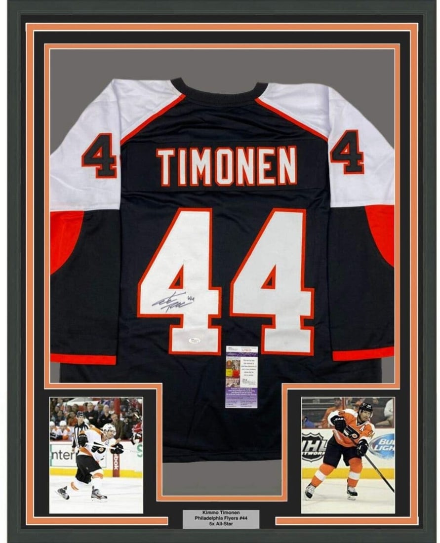 Framed Kimmo Timonen Autographed Black Flyers Jersey with JSA COA: Framed Kimmo Timonen Autographed Black Flyers Jersey with JSA COA Celebrate your love for hockey with this professionally framed and autographed Kimmo Timonen Philadelphia Flyers jersey. Measuring 33"
