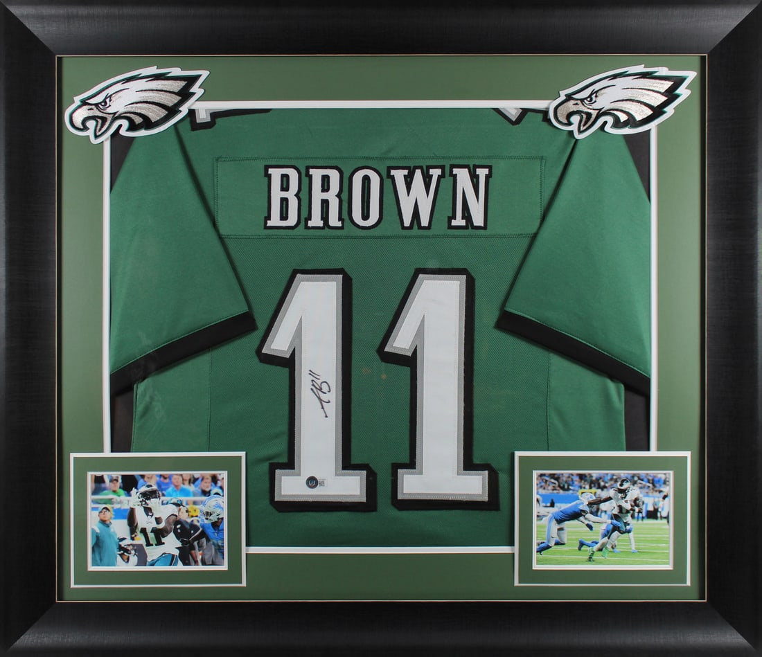 A.J. Brown Signed Philadelphia Eagles Green Framed Jersey Beckett Authenticated: A.J. Brown Signed Philadelphia Eagles Green Framed Jersey Beckett Authenticated This authentic autographed green pro style framed jersey features the signature of A.J. Brown, a prominent player for th