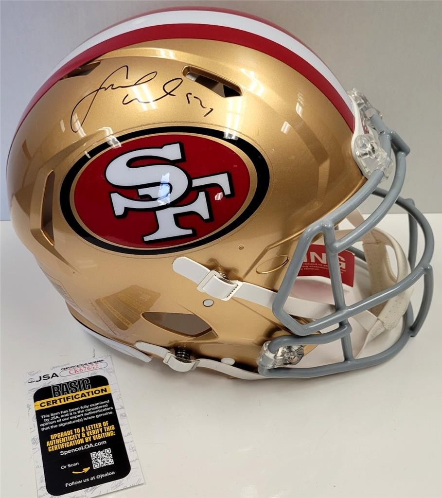 San Francisco 49ers Full Size Helmet Signed by Fred Warner with JSA Authentication: San Francisco 49ers Full Size Helmet Signed by Fred Warner with JSA Authentication This is an original San Francisco 49ers full size authentic on-field helmet signed by Fred Warner. The autograph is a