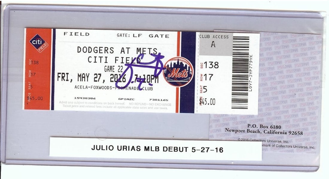 Julio Urias Autographed Ticket Stub Dodgers MLB Debut PSA Authenticated: Julio Urias Autographed Ticket Stub Dodgers MLB Debut PSA Authenticated Celebrate the historic MLB debut of Julio Urias with this signed autographed ticket stub from the Los Angeles Dodgers' game on M