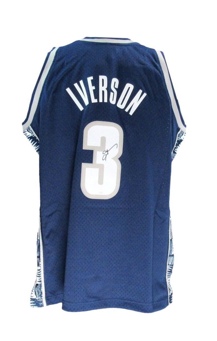 Allen Iverson Georgetown HOF Autographed Blue Jersey Mitchell & Ness JSA Certified: Allen Iverson Georgetown HOF Autographed Blue Jersey Mitchell & Ness JSA Certified This is an original Allen Iverson Hall of Fame autographed blue Mitchell & Ness College Vault Swingman replica basket