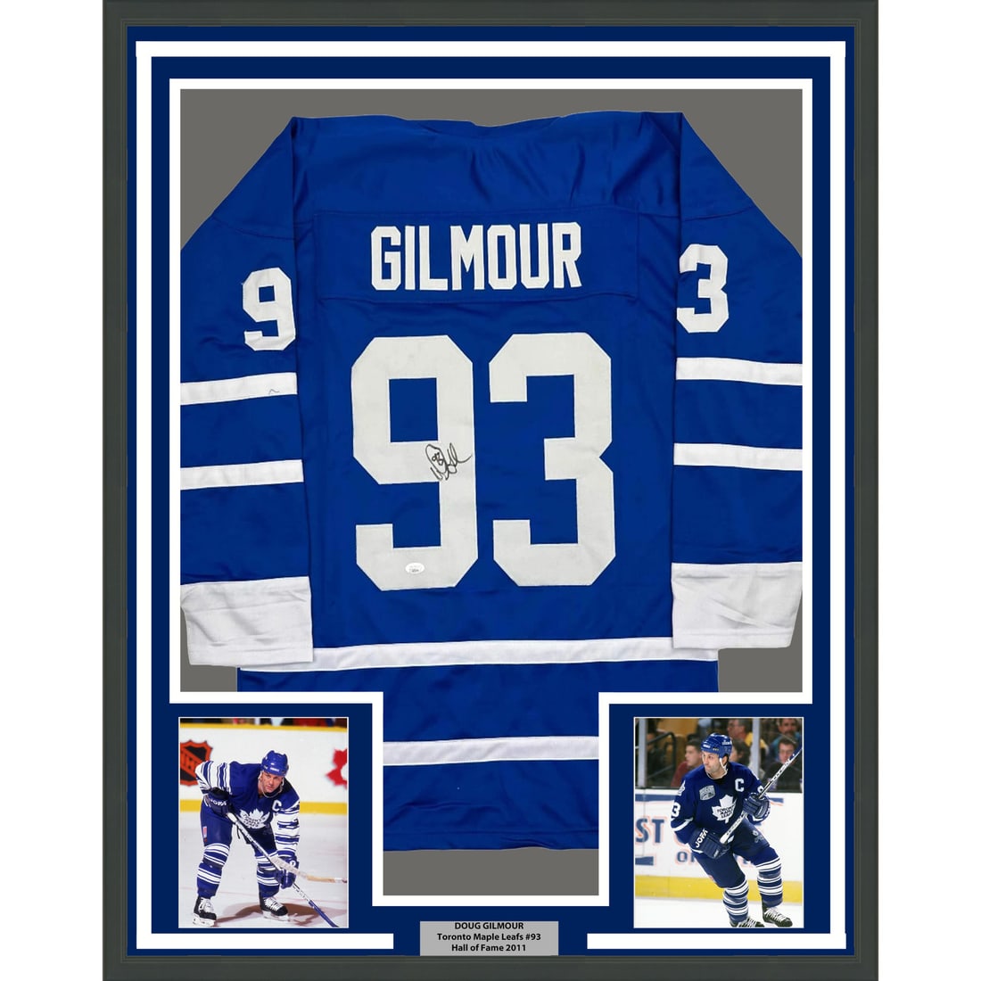 Doug Gilmour Signed Toronto Maple Leafs Framed Jersey 35x39 JSA Authenticated: Doug Gilmour Signed Toronto Maple Leafs Framed Jersey 35x39 JSA Authenticated This framed Toronto Maple Leafs hockey jersey features Doug Gilmour's autograph and is authenticated by James Spence Authe