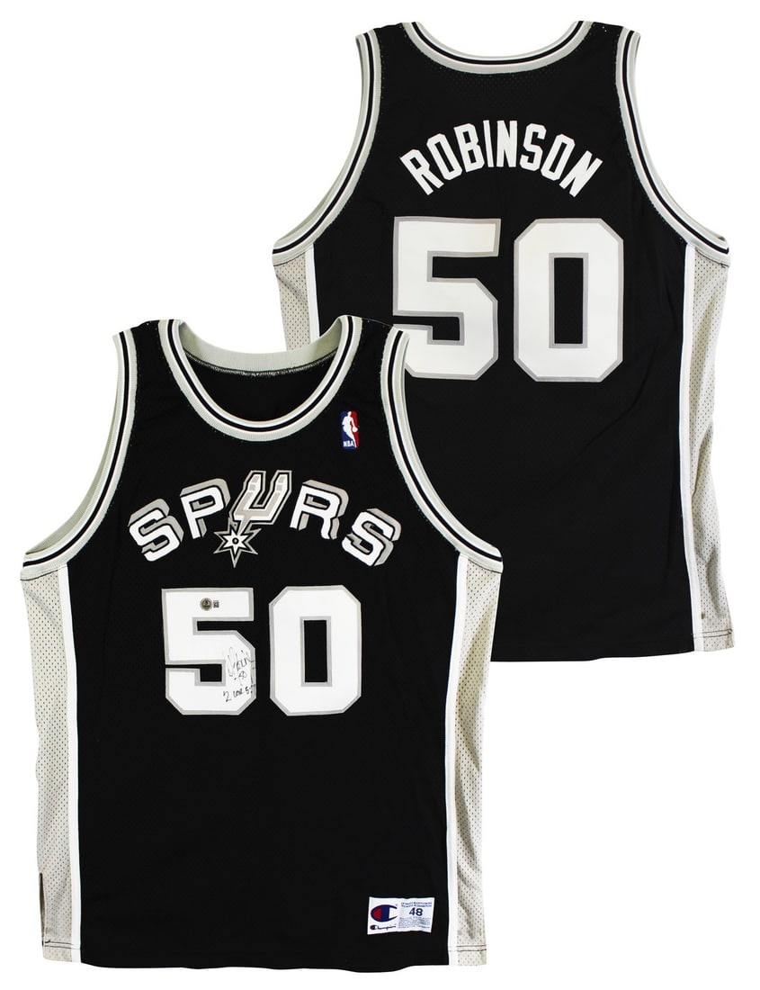 David Robinson Autographed Champion Black Spurs Jersey With 2 Cor 5:7 Inscription BAS: David Robinson Autographed Champion Black Spurs Jersey With 2 Cor 5:7 Inscription BAS This black Champion jersey, size 48, has been personally signed by David Robinson of the San Antonio Spurs and fea