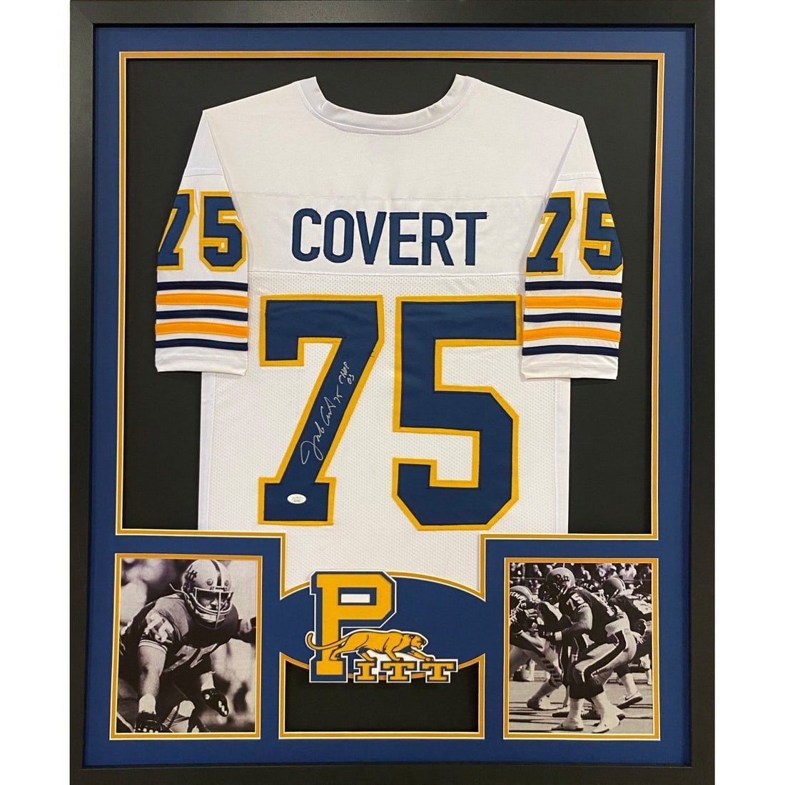 Jimbo Covert Autographed Framed Jersey JSA Certified Pitt Panthers: Jimbo Covert Autographed Framed Jersey JSA Certified Pitt Panthers This is an autographed Jimbo Covert framed jersey, showcasing the iconic Pitt Panthers and Bears logos. The jersey comes with a JSA t