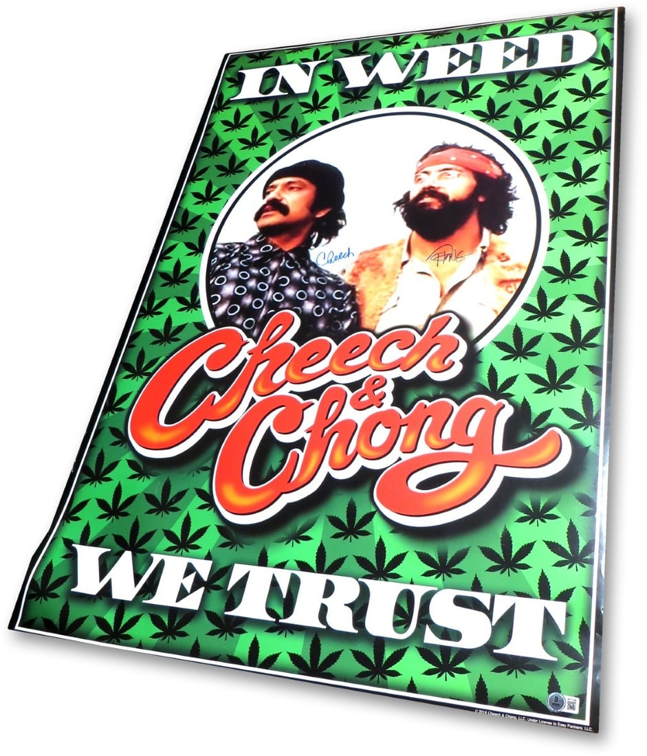 Cheech Marin Tommy Chong Signed 24x36 Poster Beckett Authenticated: Cheech Marin Tommy Chong Signed 24x36 Poster Beckett Authenticated Celebrate the iconic duo of Cheech Marin and Tommy Chong with this autographed 24" x 36" poster titled "In Weed We Trust." This origi