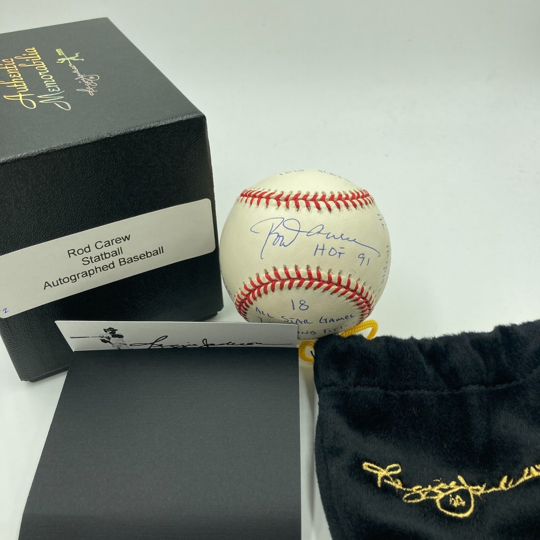 Rod Carew Signed Career Stat Baseball with Reggie Jackson COA: Rod Carew Signed Career Stat Baseball with Reggie Jackson COA This is a pre-owned baseball signed by legendary player Rod Carew, featuring a heavy inscription of his career statistics. The autograph h