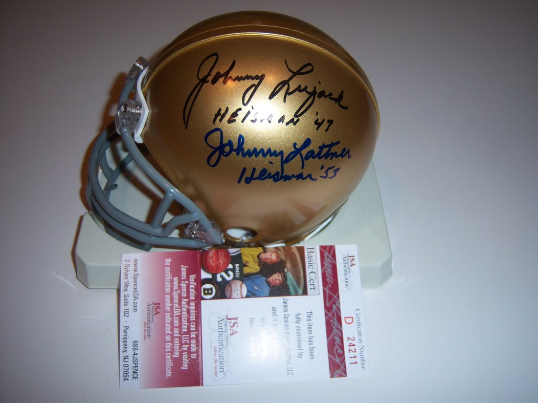 Notre Dame Heisman Signed Mini Helmet Johnny Lattner Johnny Lujack JSA COA: Notre Dame Heisman Signed Mini Helmet Johnny Lattner Johnny Lujack JSA COA Celebrate the legacy of Notre Dame football with this signed mini helmet featuring the autographs of Johnny Lattner and Johnn