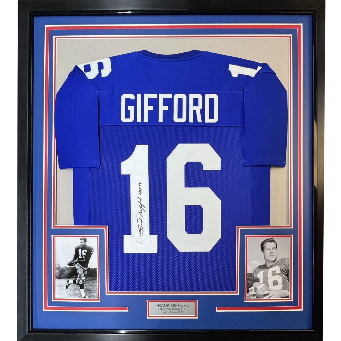 Framed Autographed Frank Gifford Jersey New York Giants JSA COA: Framed Autographed Frank Gifford Jersey New York Giants JSA COA Showcase your love for football with this professionally framed autographed Frank Gifford jersey. This authentic New York Giants blue je