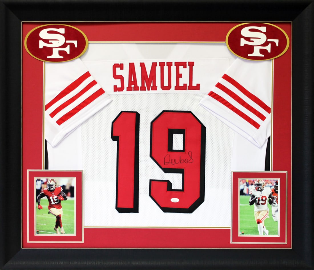 Deebo Samuel Signed White Framed Jersey San Francisco 49ers JSA Authenticated: Deebo Samuel Signed White Framed Jersey San Francisco 49ers JSA Authenticated Celebrate your love for the San Francisco 49ers with this authentic, signed white pro style framed jersey personally autog