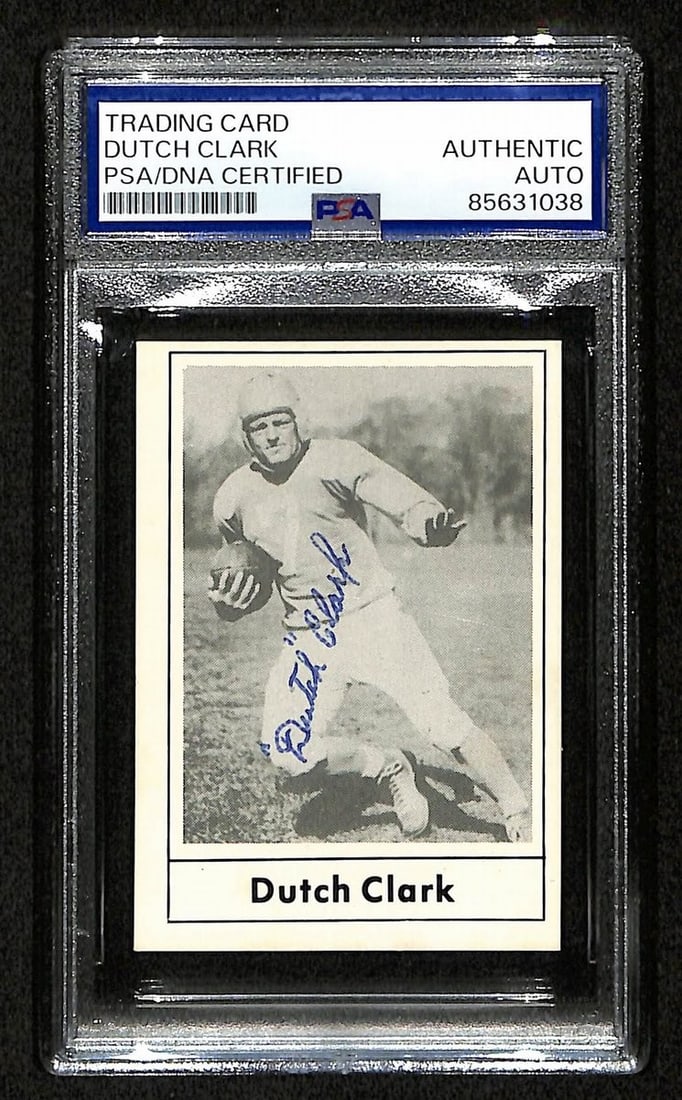 Dutch Clark Hall of Fame Autographed 1977 Touchdown Card #23 PSA/DNA: Dutch Clark Hall of Fame Autographed 1977 Touchdown Card #23 PSA/DNA This is a Dutch Clark Hall of Fame (HOF) signed/autographed 1977 Touchdown Card #23 featuring the Detroit Lions. The card is authen
