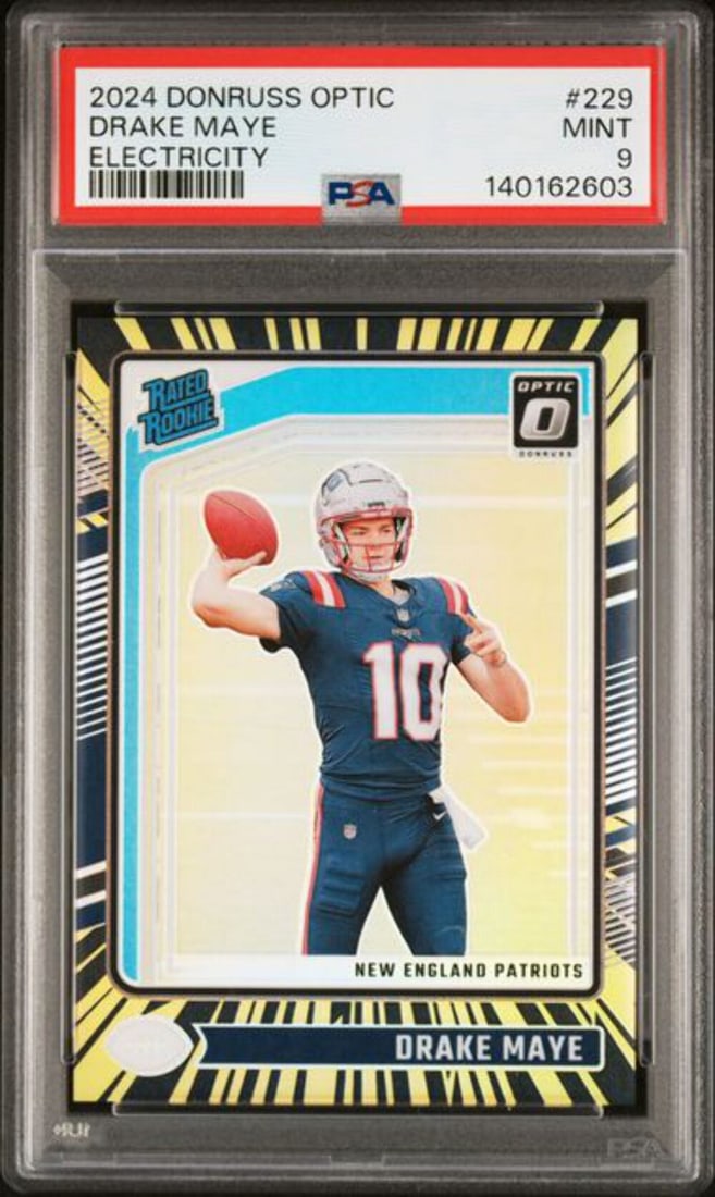 PSA 9 Drake Maye 2024 Optic Rookie Card #229 Numbered to 75: PSA 9 Drake Maye 2024 Optic Rookie Card #229 Numbered to 75 This is an original 2024 Donruss Optic Drake Maye #229 Electricity Rookie Card, serial numbered out of 75. The card features Drake Maye of t