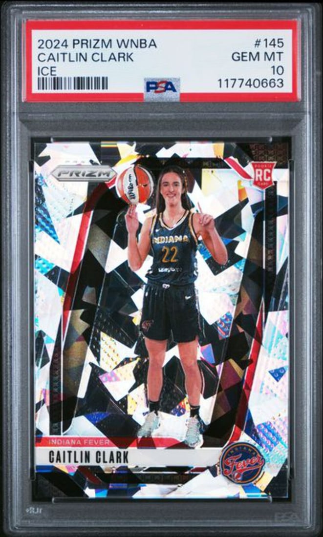 2024 Panini Prizm Ice Caitlin Clark #145 PSA 10 Graded Basketball Card: 2024 Panini Prizm Ice Caitlin Clark #145 PSA 10 Graded Basketball Card This is a graded 2024 Panini Prizm Ice Caitlin Clark #145 Ice RC Basketball Card, rated PSA 10. This card features the talented a