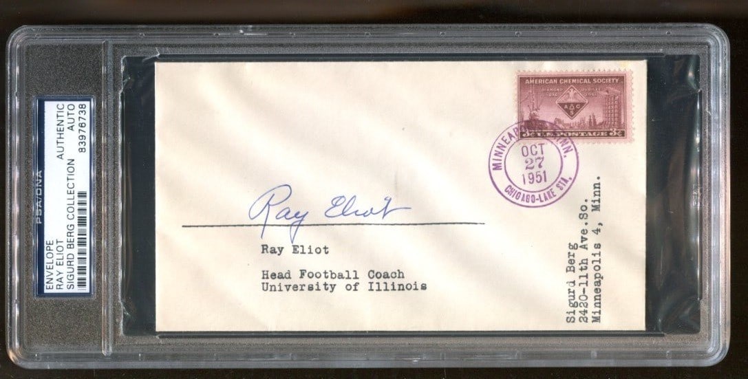 Ray Eliot Autographed FDC Illinois Fighting Illini 1980 PSA/DNA: Ray Eliot Autographed FDC Illinois Fighting Illini 1980 PSA/DNA This item features a signed First Day Cover (FDC) by Ray Eliot, a notable figure associated with the Illinois Fighting Illini. The autog