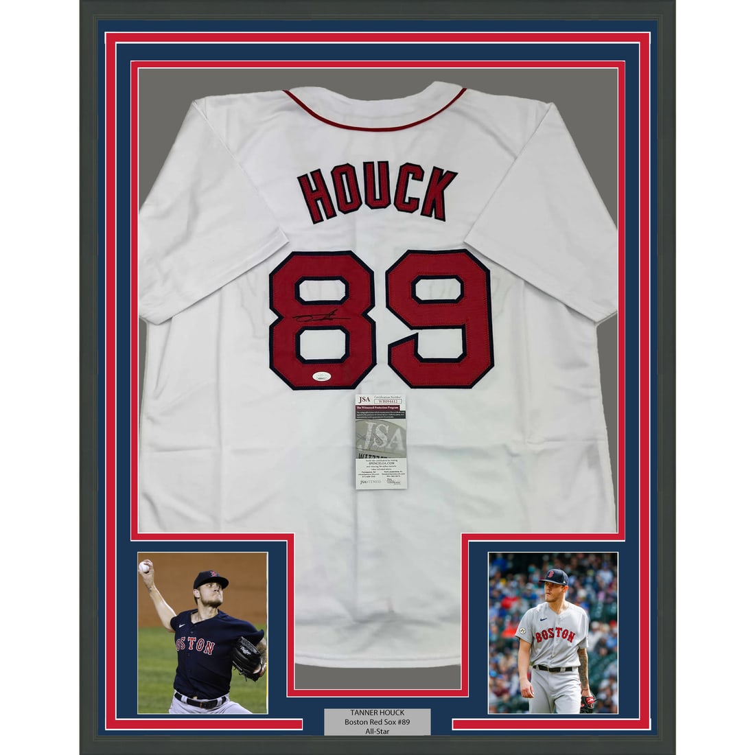 Framed Tanner Houck Signed Jersey 35x39 Boston Red Sox JSA Certified: Framed Tanner Houck Signed Jersey 35x39 Boston Red Sox JSA Certified This professionally framed and matted item features an authentic autographed Tanner Houck Boston Red Sox jersey. Measuring 35x39 in