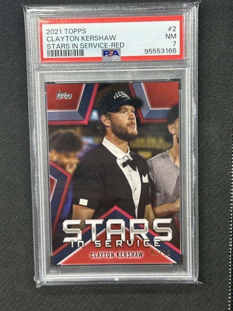 Clayton Kershaw 2021 Topps Stars In Service Red PSA 7 Dodgers Card #2: Clayton Kershaw 2021 Topps Stars In Service Red PSA 7 Dodgers Card #2 This is a 2021 Topps Stars In Service Red baseball card featuring Clayton Kershaw of the Los Angeles Dodgers. Graded by Profession