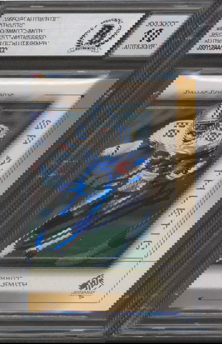 Emmitt Smith Signed 1999 SP Authentic Athletic A9 Card Gem Mint 10 Beckett Slabbed: Emmitt Smith Signed 1999 SP Authentic Athletic A9 Card Gem Mint 10 Beckett Slabbed This collectible features a 1999 SP Authentic Athletic #A9 card personally signed by NFL legend Emmitt Smith of the D