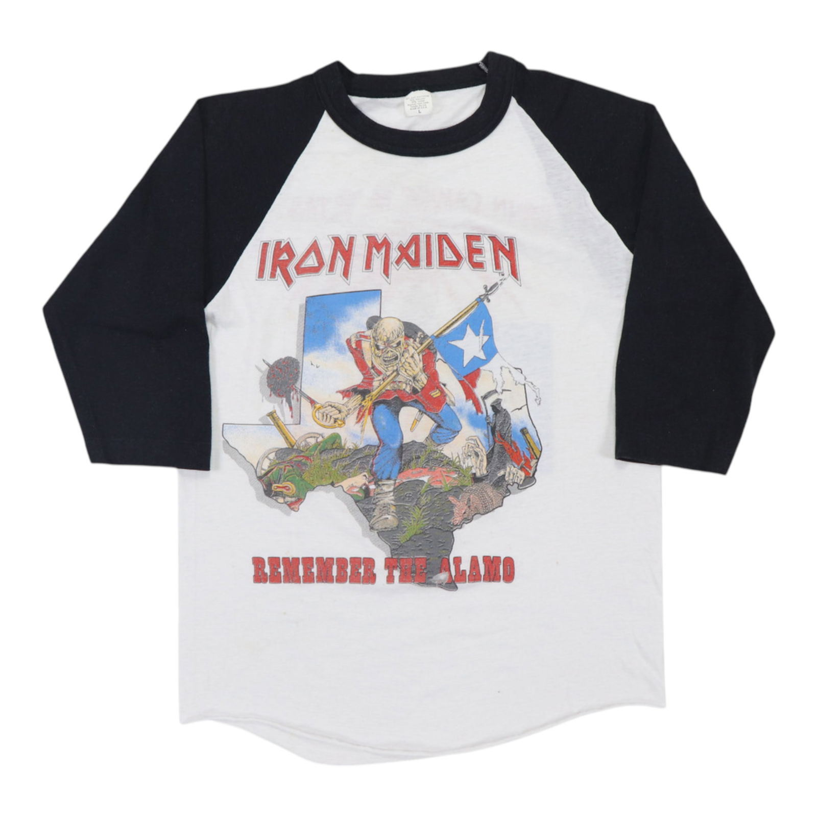 Vintage 1983 Remember The Alamo Tour Jersey Shirt by Iron Maiden: Vintage 1983 Remember The Alamo Tour Jersey Shirt by Iron Maiden This is an original vintage 1983 Iron Maiden Remember The Alamo Tour jersey shirt featuring both front and back graphics. Made in the 1