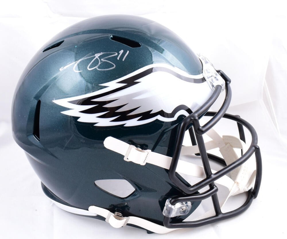 AJ Brown Autographed Philadelphia Eagles Speed Helmet Beckett Authentication: AJ Brown Autographed Philadelphia Eagles Speed Helmet Beckett Authentication This is an original Philadelphia Eagles full-size speed helmet autographed by A.J. Brown. The helmet comes with Beckett aut