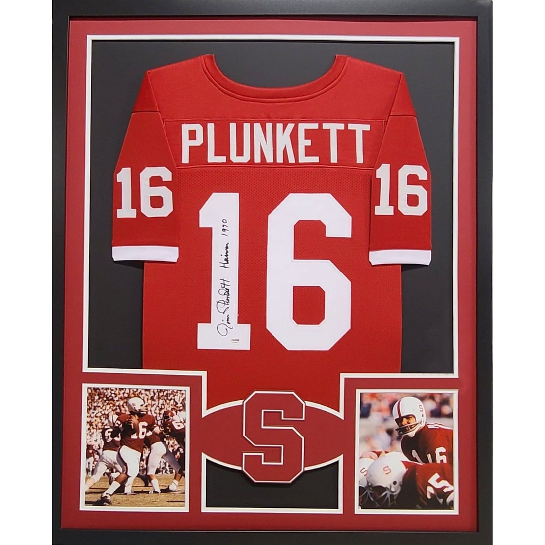Jim Plunkett Signed Framed Jersey PSA/DNA Stanford Heisman 42x34: Jim Plunkett Signed Framed Jersey PSA/DNA Stanford Heisman 42x34 This autographed Jim Plunkett framed jersey is an exceptional piece for any sports memorabilia collector. Authenticated by PSA/DNA, a l