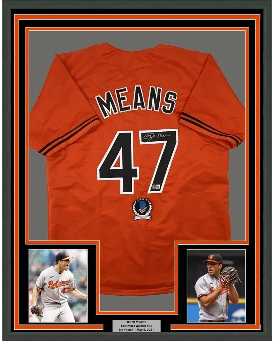 Framed Autographed John Means Jersey 33x42 with Beckett COA: Framed Autographed John Means Jersey 33x42 with Beckett COA This professionally framed and matted display features an autographed Baltimore Orioles jersey signed by John Means. Measuring 33" x 42", it